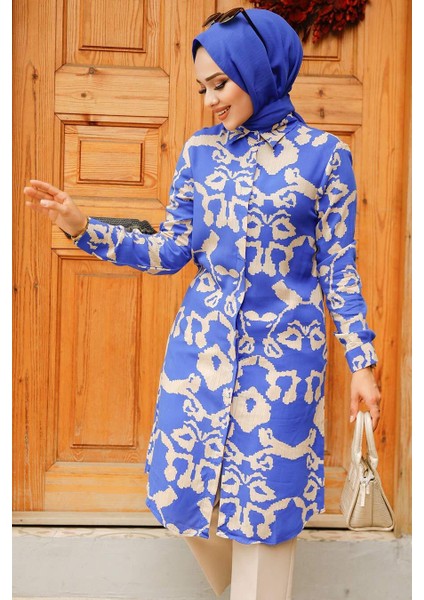 Desenli Sax Mavisi Tesettür Tunik 11685SX