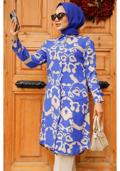 Desenli Sax Mavisi Tesettür Tunik 11685SX