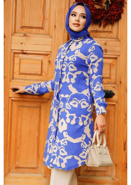 Desenli Sax Mavisi Tesettür Tunik 11685SX