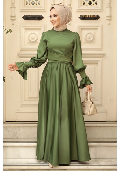 Haki Tesettür Saten Abiye Elbise 5983HK