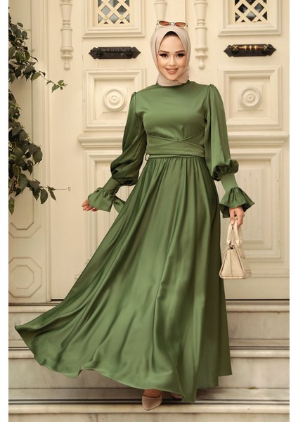 Haki Tesettür Saten Abiye Elbise 5983HK