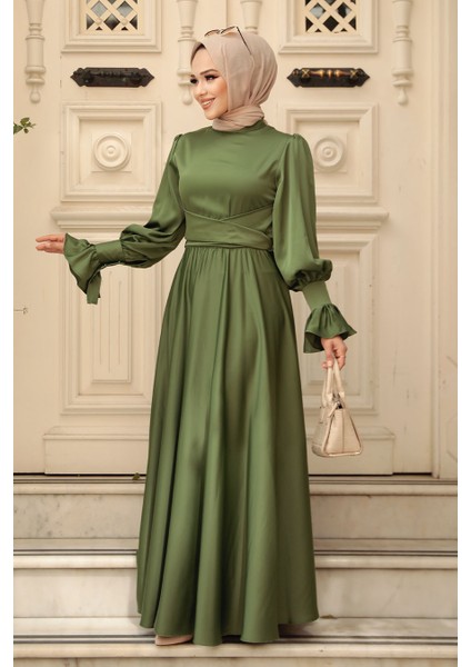 Haki Tesettür Saten Abiye Elbise 5983HK
