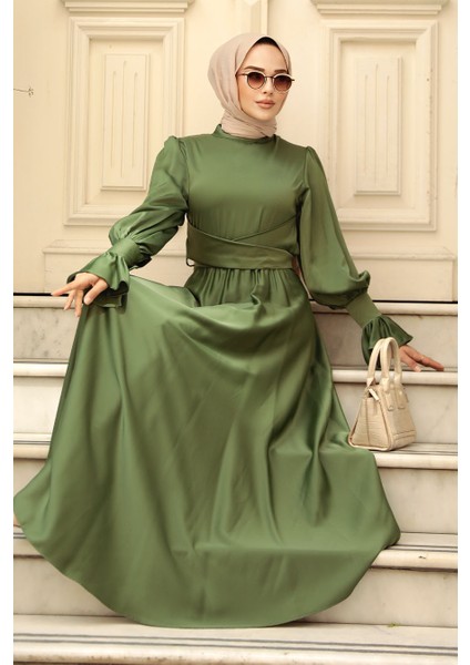 Haki Tesettür Saten Abiye Elbise 5983HK