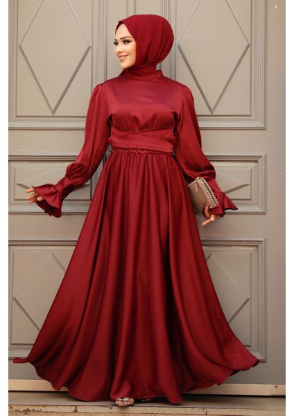 Bordo Tesettür Saten Abiye Elbise 5983BR