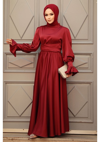 Bordo Tesettür Saten Abiye Elbise 5983BR