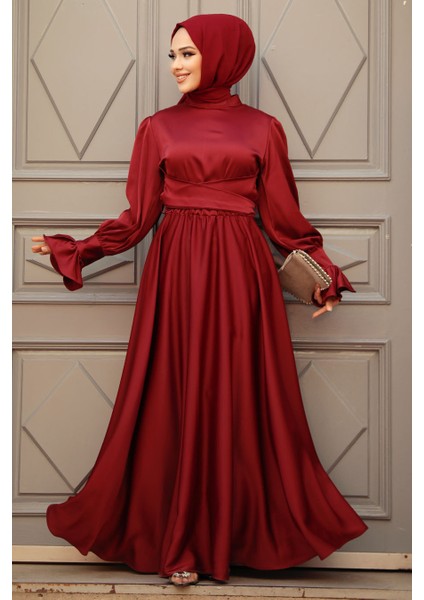 Bordo Tesettür Saten Abiye Elbise 5983BR