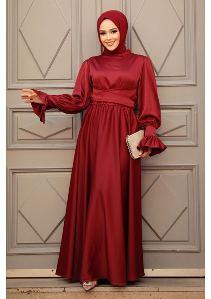 Bordo Tesettür Saten Abiye Elbise 5983BR