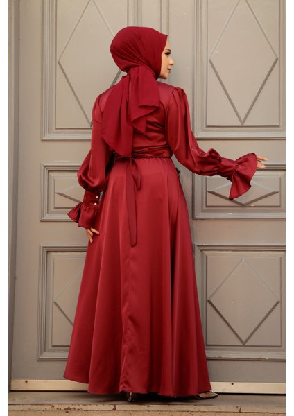 Bordo Tesettür Saten Abiye Elbise 5983BR