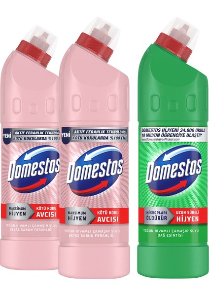 Çamaşır Suyu Dağ Esintisi 750 ml X1 + Domestos Çamaşır Suyu Beyaz Sabun Ferahlığı 750 ml X2