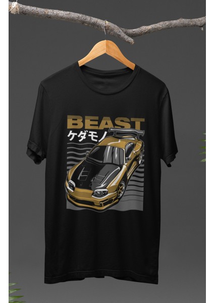 Beast Golden Toyota Supra Baskılı T-Shirt, Araba Yarış Temalı Baskılı Tişört
