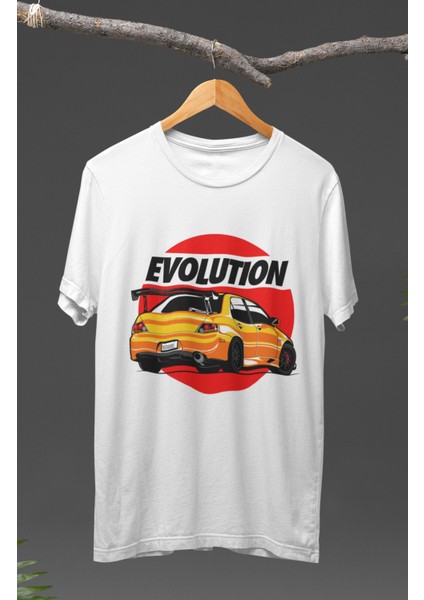 Sarı Mitsubishi Evolution Baskılı T-Shirt, Araba Yarış Temalı Baskılı Tişört