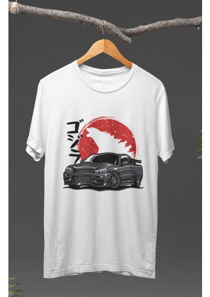 Godzilla Nissan Baskılı T-Shirt, Araba Yarış Temalı Baskılı Tişört