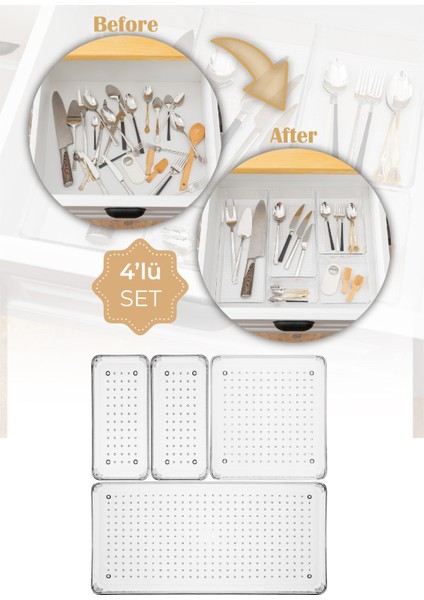 4lü Şeffaf Çekmece Içi Modüler Düzenleyici Organizer 2x(K.dkdrtgn) 1x(B.dkdrtgn B.kare)