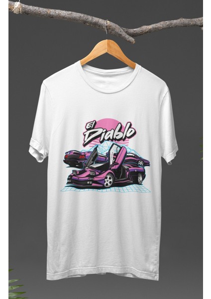 Lamborghini El Diablo Baskılı T-Shirt, Araba Yarış Temalı Baskılı Tişört