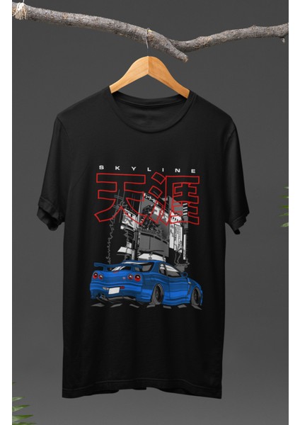 Street Mavi Nissan Skyline Gt-R R34 Baskılı T-Shirt, Araba Yarış Temalı Baskılı Tişört
