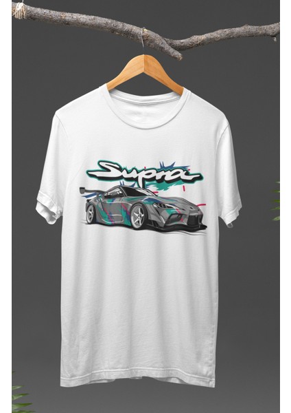 Renkli Toyota Supra Baskılı T-Shirt, Araba Yarış Temalı Baskılı Tişört