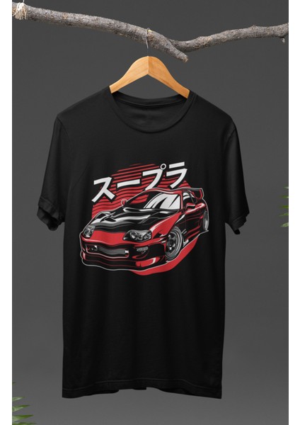 Red Black Supra Baskılı T-Shirt, Araba Yarış Temalı Baskılı Tişört