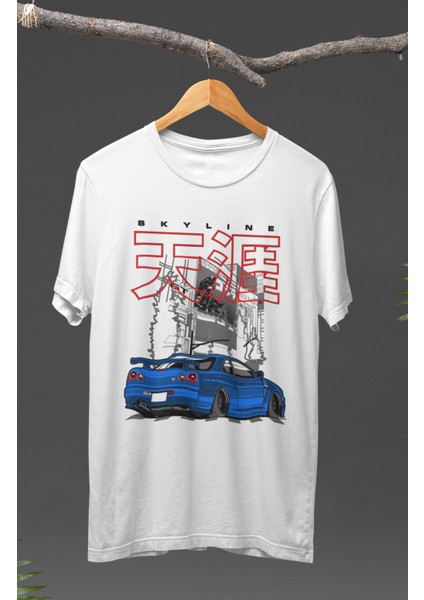 Street Mavi Nissan Skyline Gt-R R34 Baskılı T-Shirt, Araba Yarış Temalı Baskılı Tişört