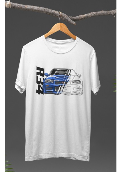 Mavi Nissan Skyline R34 Baskılı T-Shirt, Araba Yarış Temalı Baskılı Tişört