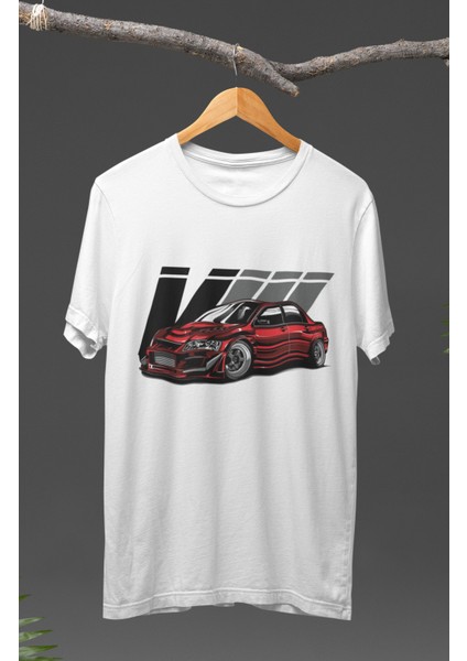 Kırmızı Mitsubishi Evolution Vııı Baskılı T-Shirt, Araba Yarış Temalı Baskılı Tişört