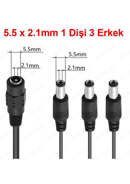 BK Teknoloji Dc Güç 5.5x2.1mm 1 Dişi-3 Erkek Jack Kablo Çoklayıcı