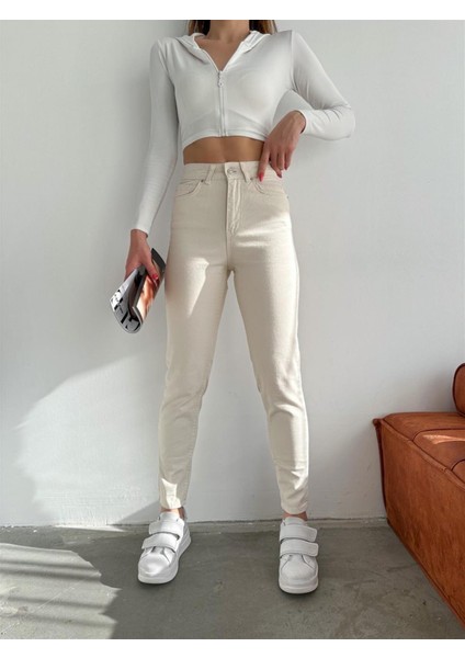 Kadın Düz Mom Kot Pantolon Krem