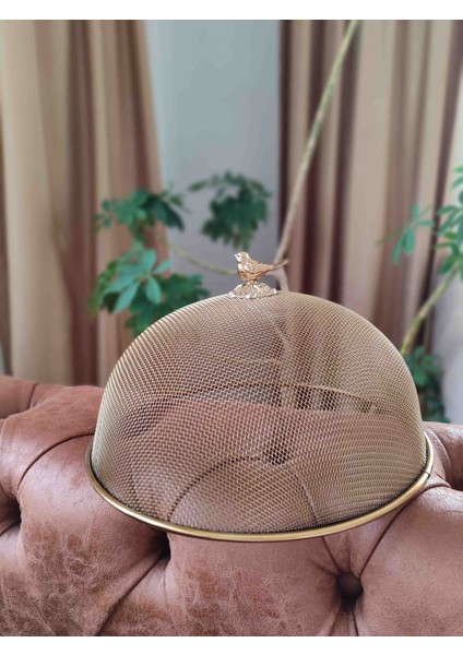 30CM Lux Gold Çelik Örgü Tel Fanus Büyük Boy Kuş Figürlü Sunum Kapağı
