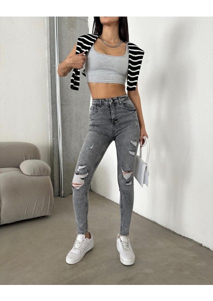 Kadın Lazer Kesim Likralı Kot Pantolon Gri