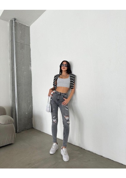 Kadın Lazer Kesim Likralı Kot Pantolon Gri fiyatları