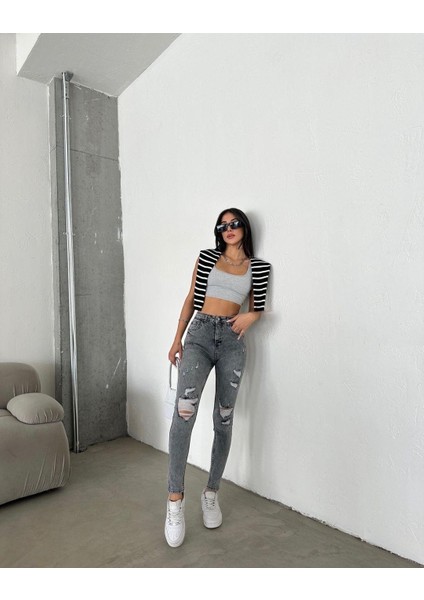 Kadın Lazer Kesim Likralı Kot Pantolon Gri modelleri