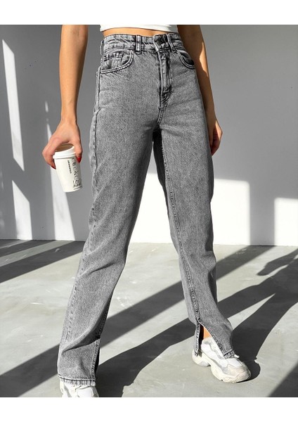 Kadın Paça Yırtmaçlı Mom Jeans Pantolon Koyu Gri fiyatları