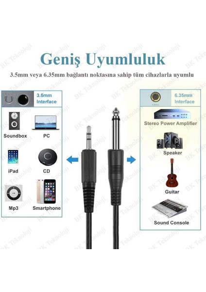 3.5 mm Trs Stereo Erkek - 1/4 (6.35 Mm) Ts Mono Erkek Ses Kablosu 3 Metre