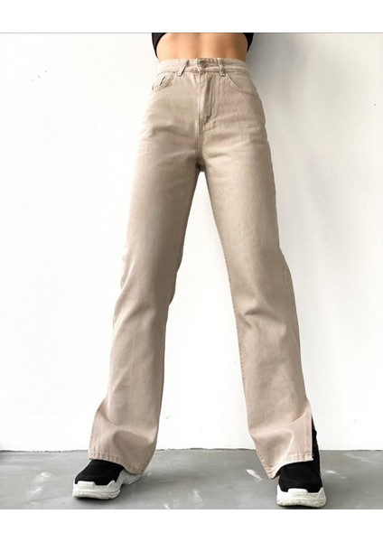 Kadın Paça Yırtmaçlı Mom Jeans Pantolon Krem