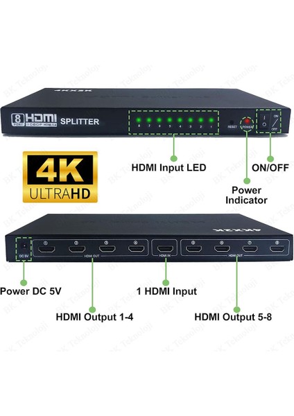 Ultra Hd 4KX2K 1 Giriş 8 Çıkış HDMI Splitter HDMI Çoklayıcı