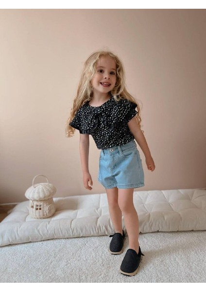 Kız Çocuk Siyah Leopar Desenli Kot Şortlu Takım