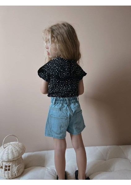 Kız Çocuk Siyah Leopar Desenli Kot Şortlu Takım modelleri