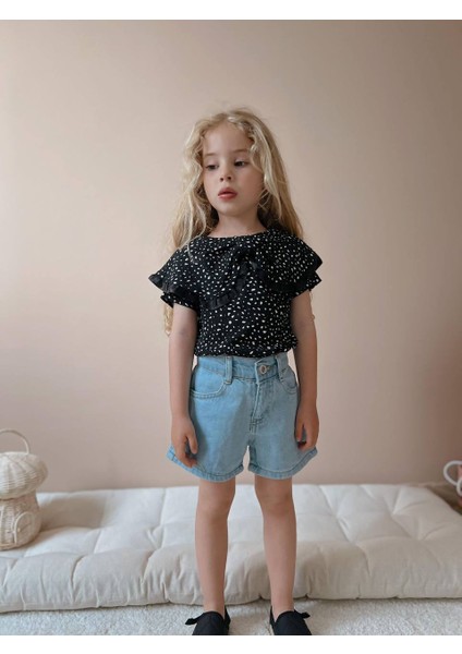 Kız Çocuk Siyah Leopar Desenli Kot Şortlu Takım fırsatları