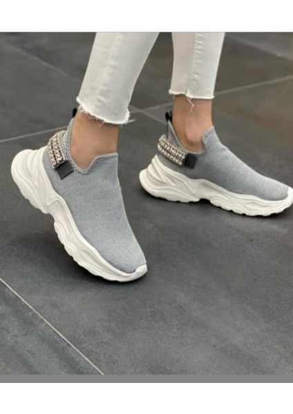 AYCAN SHOES Kadın Taş Detaylı Rahat Taban Triko Şık Sneaker