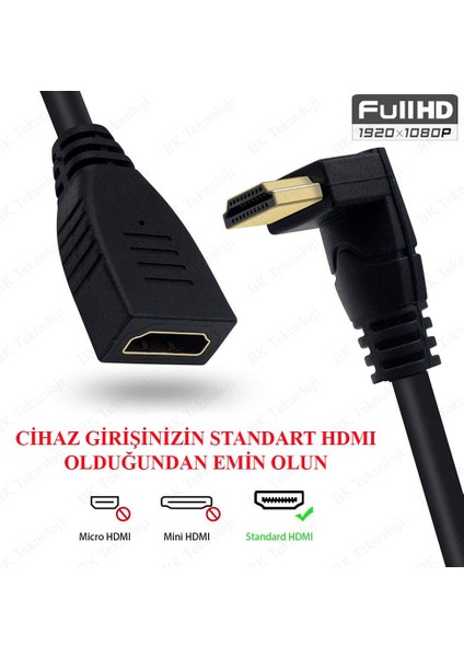 270 Derece Dik Yukarı Açılı HDMI Erkek - Dişi Uzatma Kablosu - 15CM