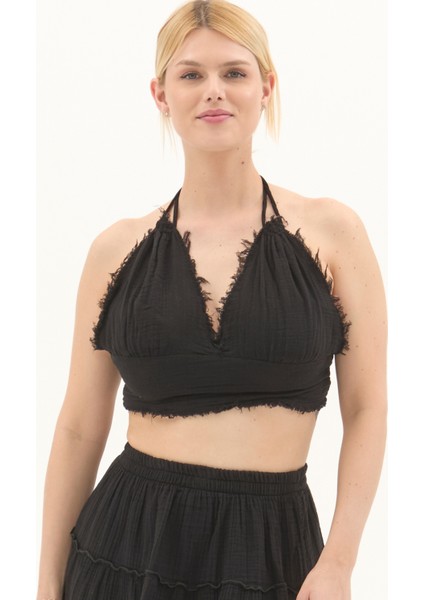 Siyah Bağlama Detaylı Yazlık Müslin Büstiyer