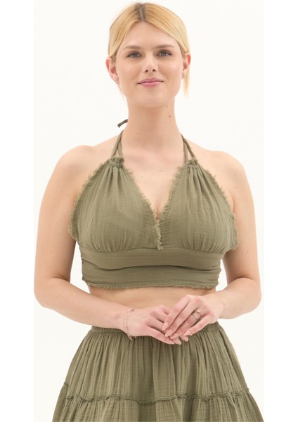 Haki Bağlama Detaylı Yazlık Müslin Büstiyer