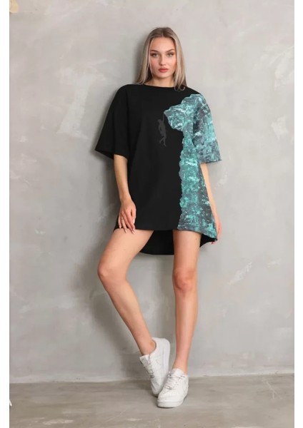 Stil Aura Unisex Bisiklet Yaka Baskılı Oversize T-Shirt - Siyah