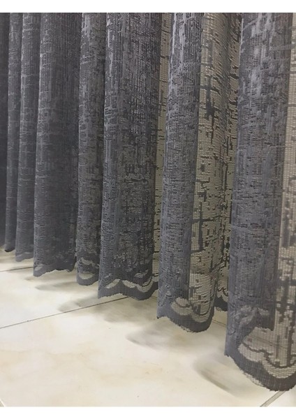 Örme Gri Şantuk Desenli Tül Perde 1/1 Pilesiz