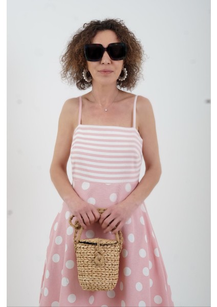 Pembe Puantiye Askılı Keten Elbise modelleri