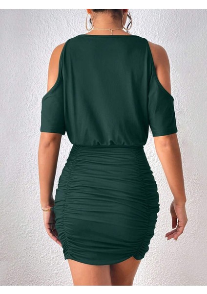 Kadın Kısa Kollu Omuz Dekolte Detay Önü Büzgülü Sandy Elbise modelleri