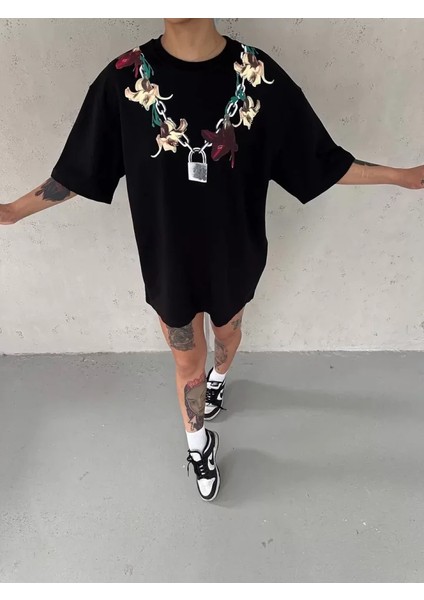 Unisex Bisiklet Yaka Baskılı Oversize T-Shirt - Siyah fiyatları
