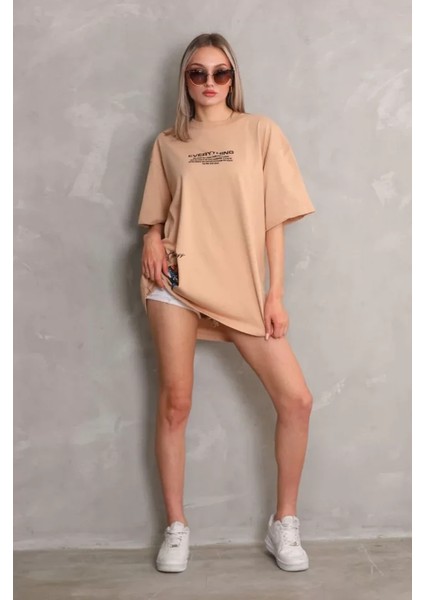 Unisex Bisiklet Yaka Baskılı Oversize T-Shirt - Bej modelleri
