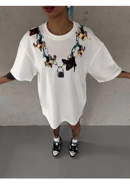 Unisex Bisiklet Yaka Baskılı Oversize T-Shirt - Beyaz fiyatları