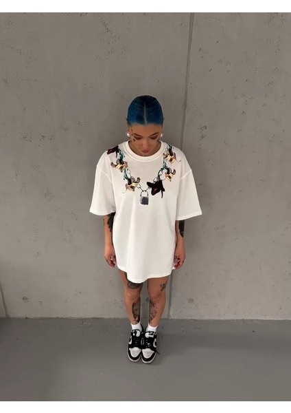 Unisex Bisiklet Yaka Baskılı Oversize T-Shirt - Beyaz modelleri