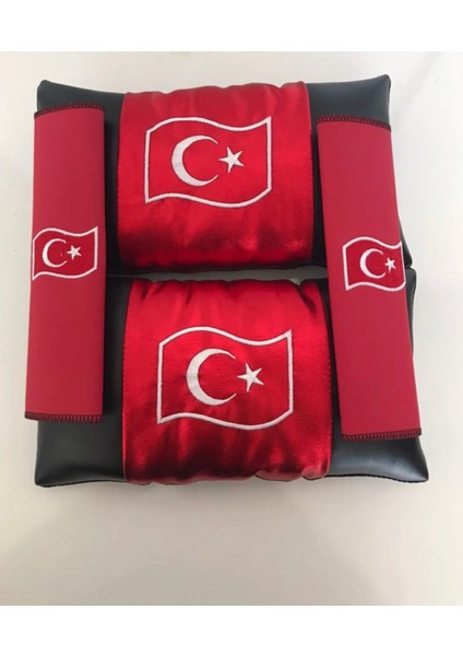 Türkiye Bayrak Uyumlu Nakışlı Deri 1 Çift Boyun Yastık ve 1 Çift Kemer Pedi